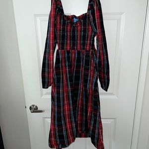 Draper James RSVP Red Christmas Holiday Plaid Smocked Long Sleeve Midi Dress XS
